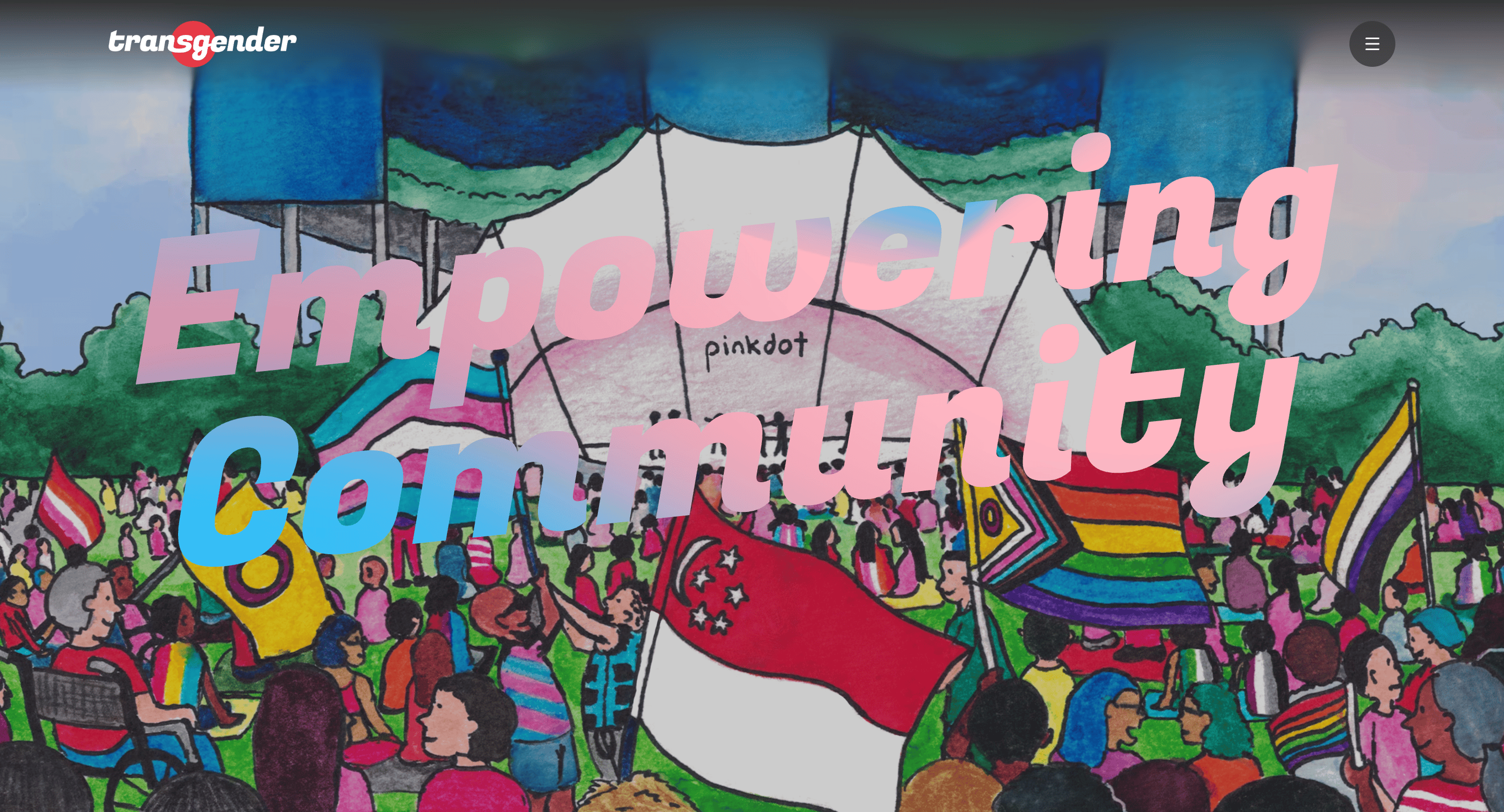 TransgenderSG homepage featuring Pei Si's artwork of a crowd in Hong Lim Park during Pink Dot, waving different pride flag and the Singapore flag